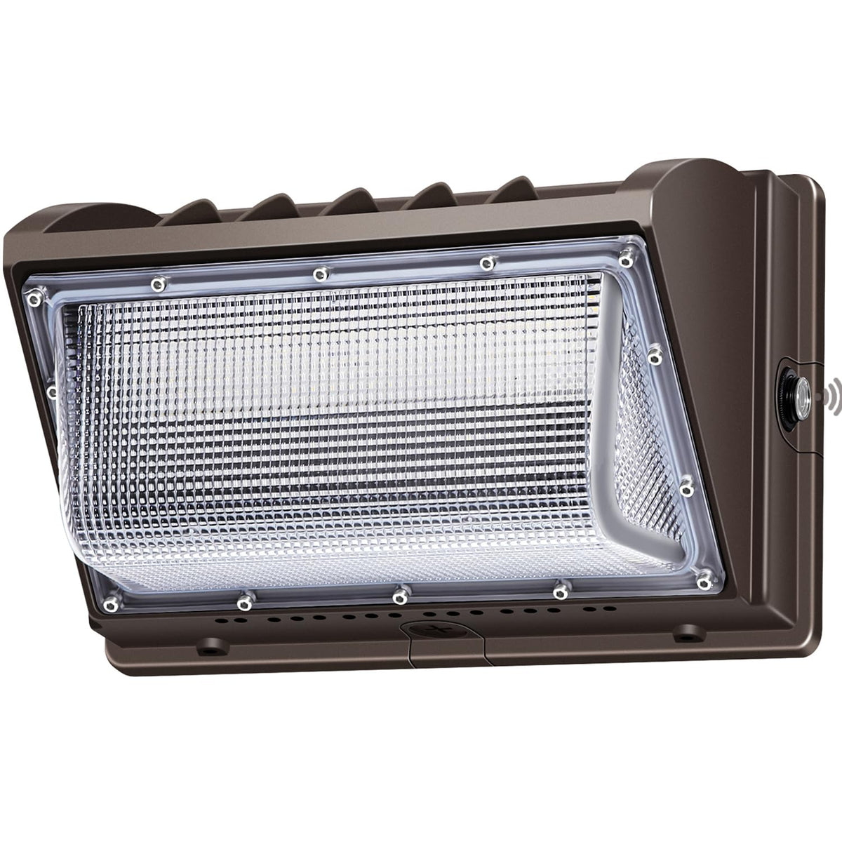 LEDMO 150W wall pack front view showing compact outdoor lighting for buildings.