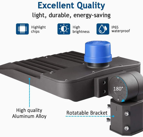 Ledmo LED parking lot light includes adjustable bracket for flexible positioning