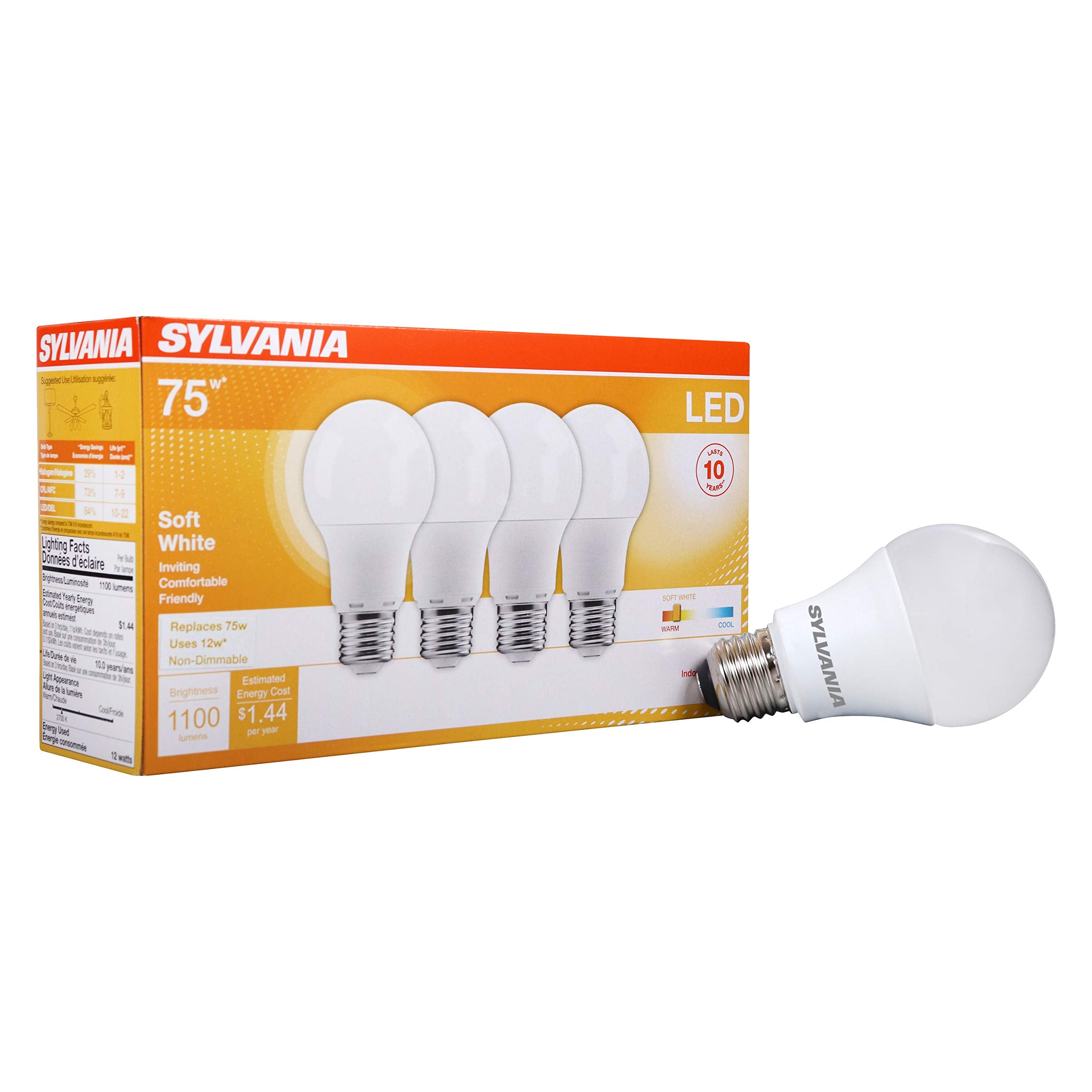 LEDVANCE Sylvania 12W A19 soft white bulb with 1100 lumens for bright, welcoming rooms.