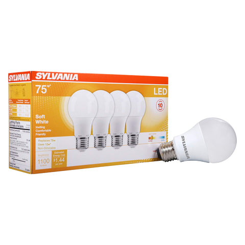 LEDVANCE Sylvania 12W A19 soft white bulb with 1100 lumens for bright, welcoming rooms.