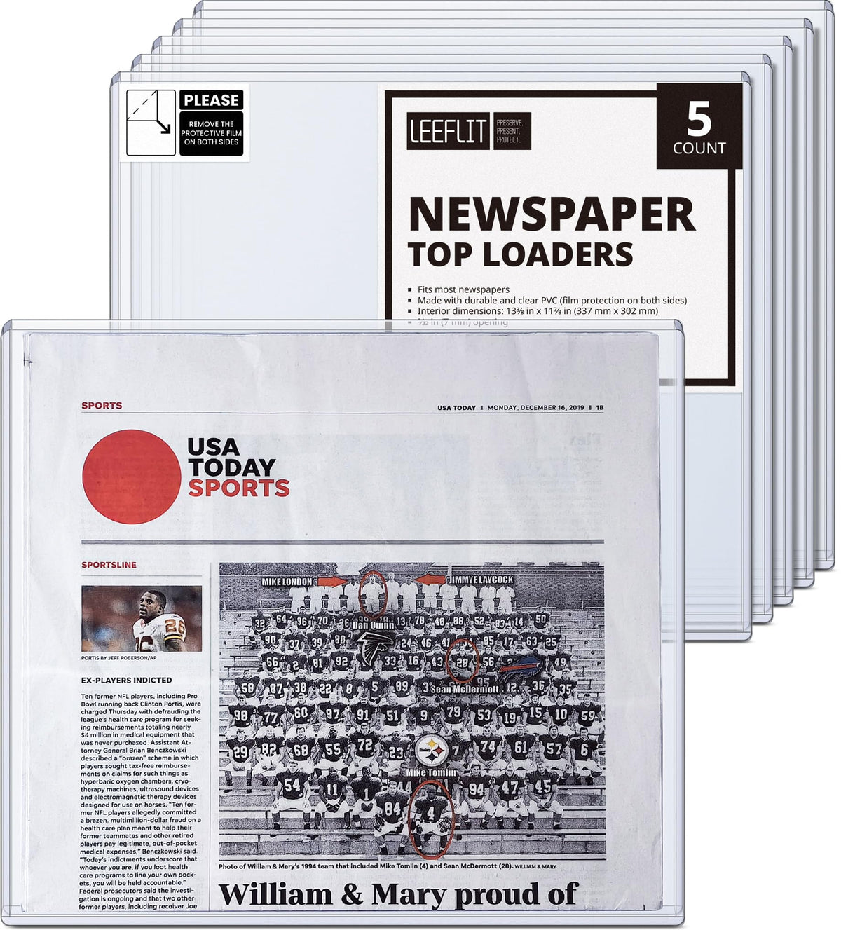 LEEFLIT newspaper toploader 13x11 front view protects pages from dust and moisture.