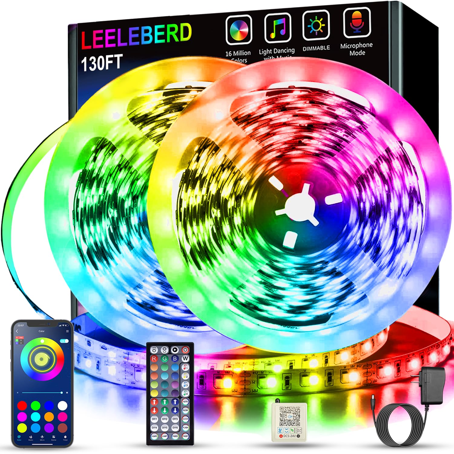 Leeleberd 130ft LED strip long set for expansive ambient lighting in rooms.