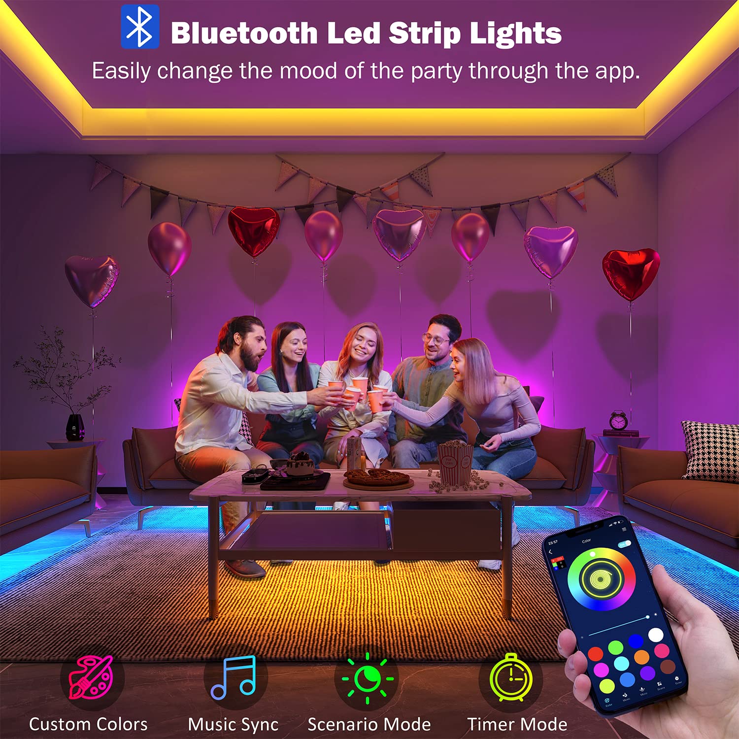Leeleberd LED strip with remote and app control for color customization.