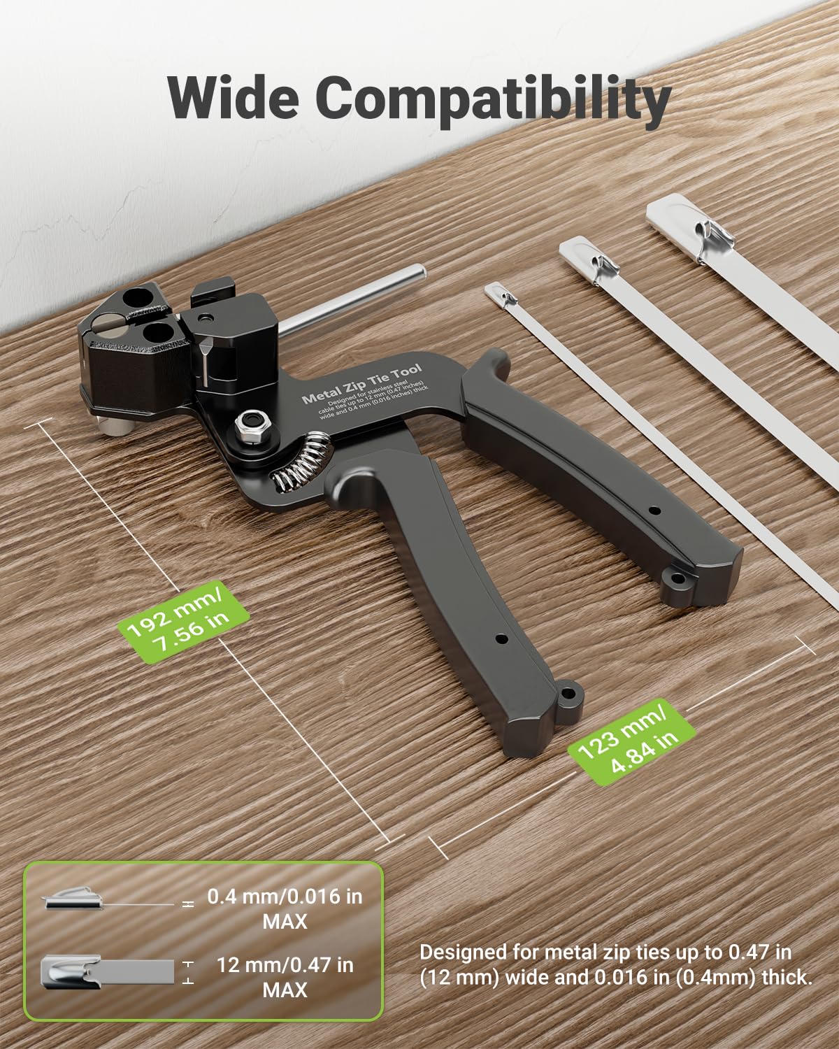 LEENUE metal cable tie gun cutting blade trimming excess cleanly.