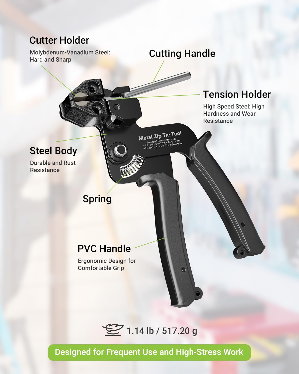 LEENUE metal cable tie gun used outdoors for secure fence and coil installations.