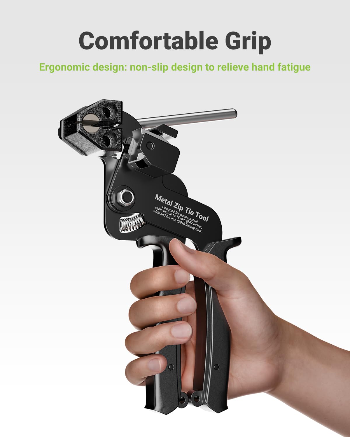 LEENUE metal cable tie gun included in packaging for easy setup.