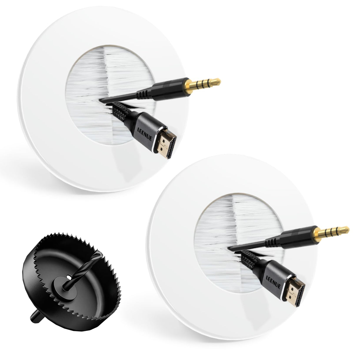 LEENUE wall cable pass-through round plate hides HDMI and speaker cables neatly.