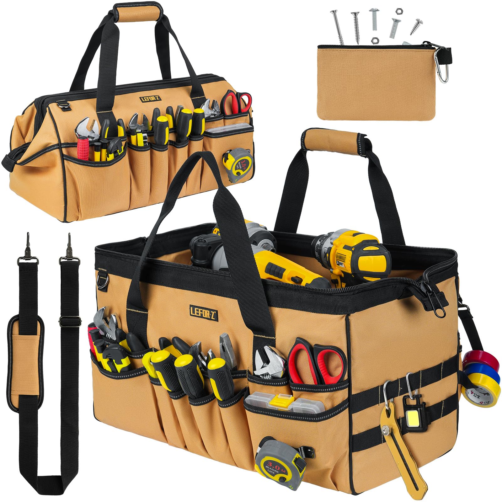 LEFOR·Z 18.5-inch tool bag front view with rugged brown fabric and wide mouth for quick access