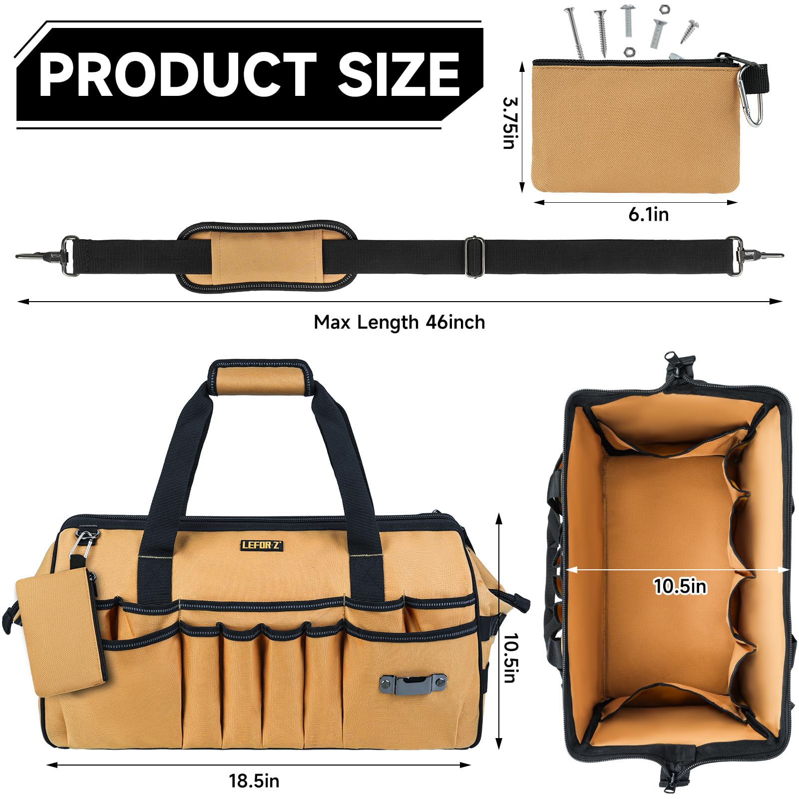 LEFOR·Z 18.5-inch tool bag interior showing 43 pockets for organized tools and efficient work