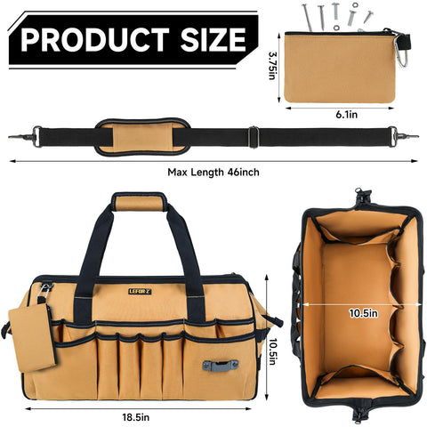 LEFOR·Z 18.5-inch tool bag interior showing 43 pockets for organized tools and efficient work