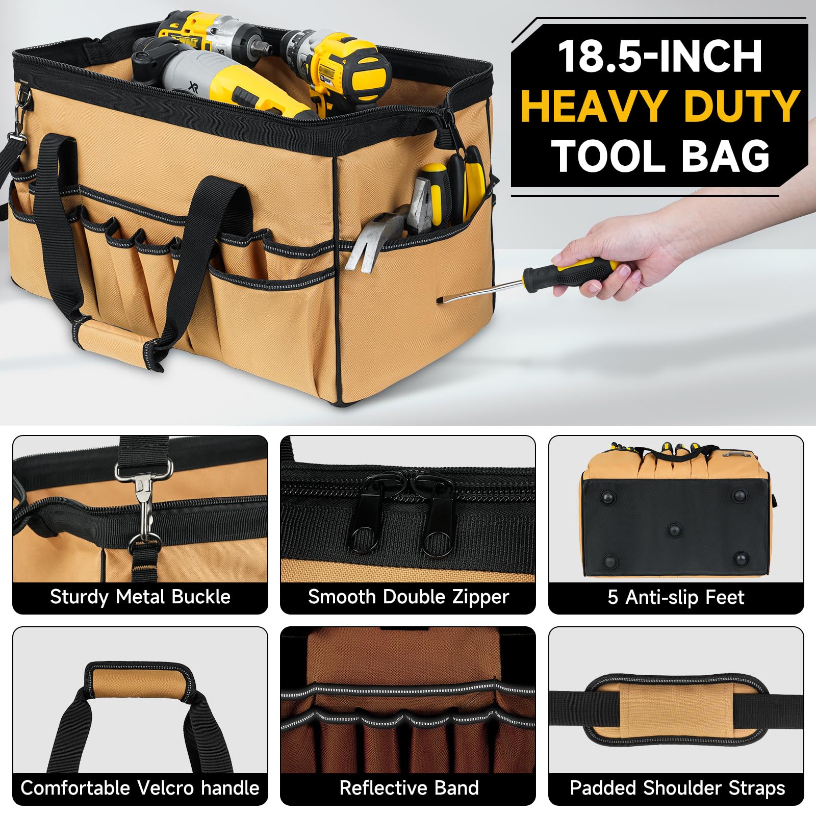 LEFOR·Z brown tool bag bottom with non-slip feet reduces ground contact