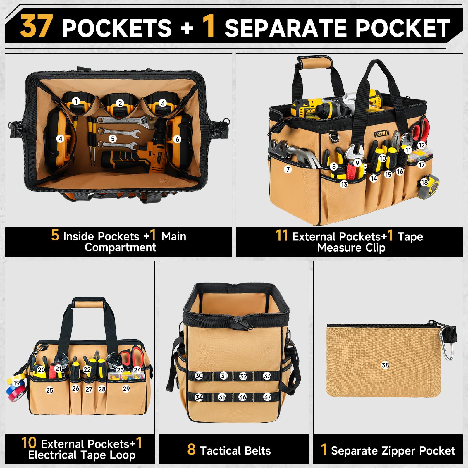 LEFOR·Z heavy-duty 1680D fabric resists scratches and tears on job sites.