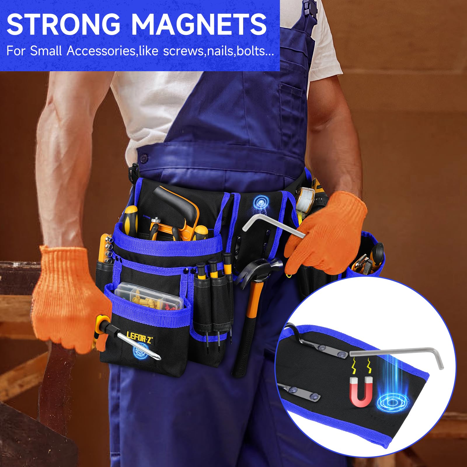 LEFORZ magnetic pouches on the front keep nails and screws secure.