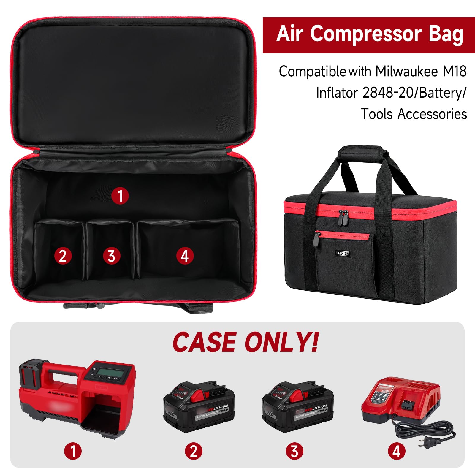 LEFOR·Z inflator case interior with separate compartments for charger and battery.