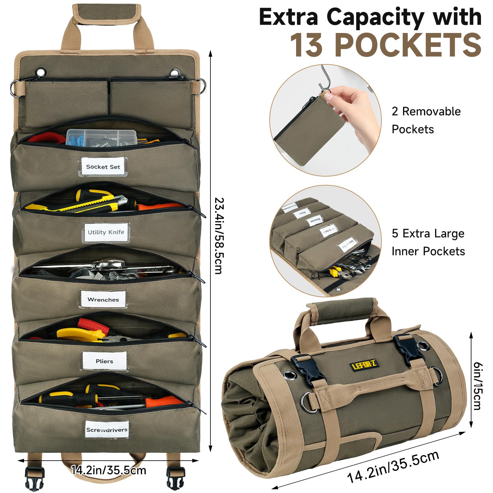 LEFOR·Z tool bag interior shows 13 pockets for organized tools