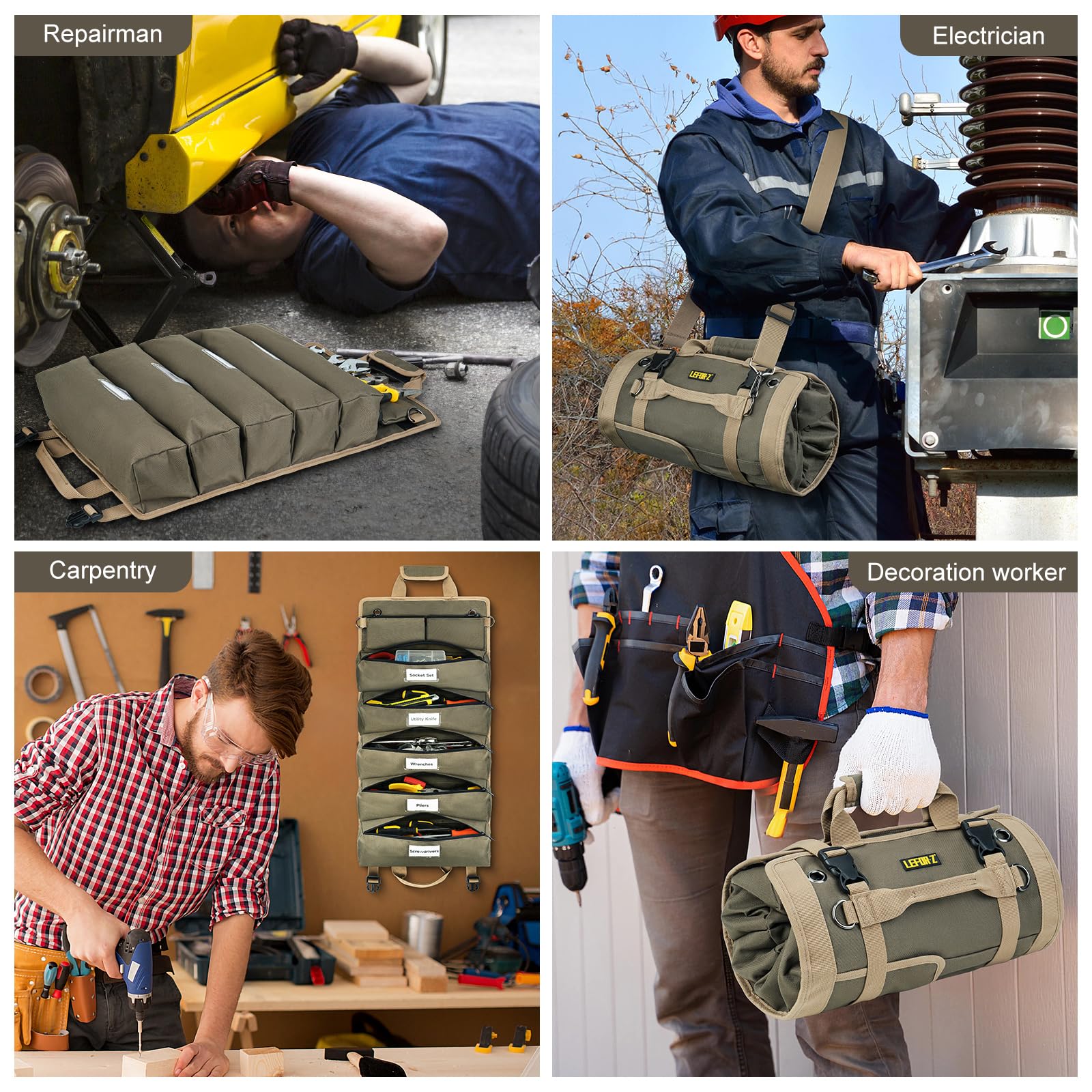 LEFOR·Z olive green fabric finish on a sturdy tool bag