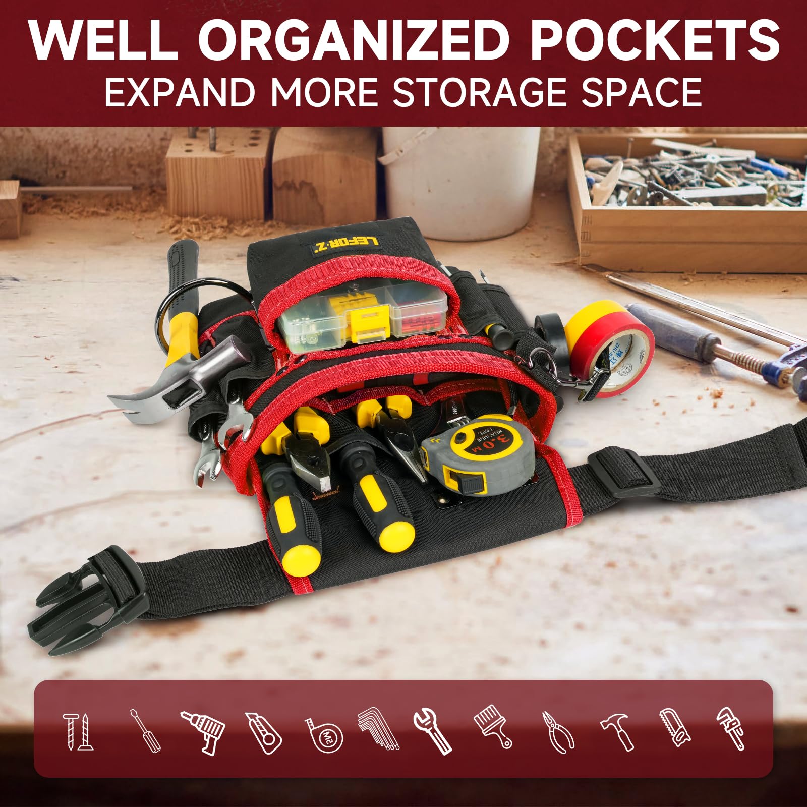 LEFOR·Z hammer hole keeps a hammer accessible without extra bags.