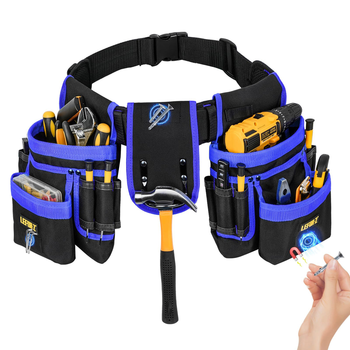 LEFORZ tool belt with magnetic hammer holder and 27 pockets for quick tool access.