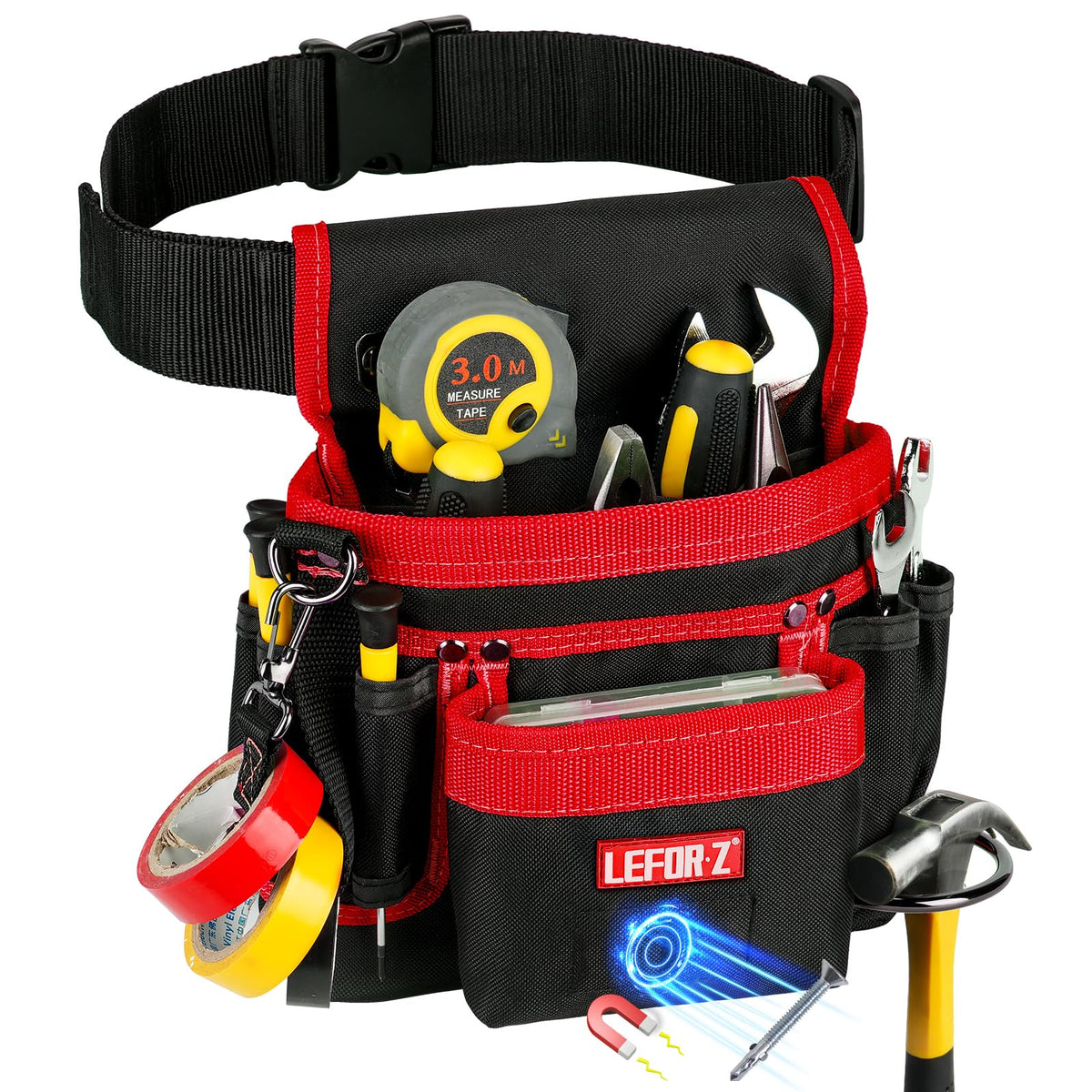 LEFOR·Z tool belt with magnetic pouch keeps nails within reach for carpentry tasks.