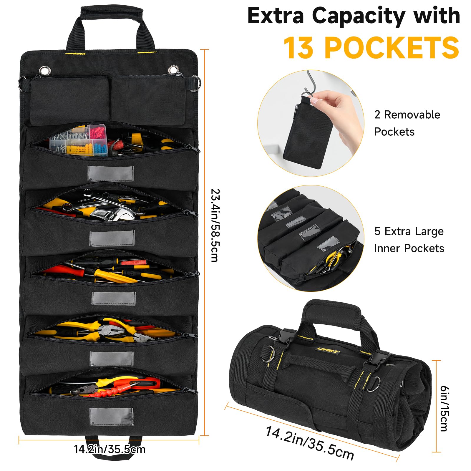 LEFOR·Z tool roll bag 13 pockets displayed for organized workflow.