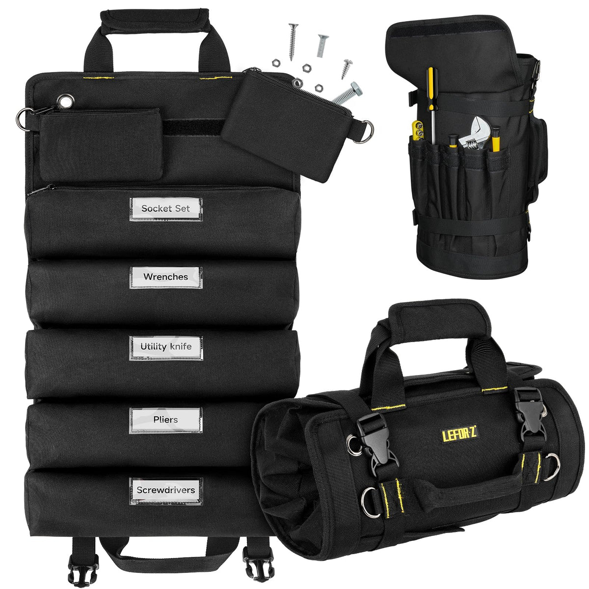 LEFOR·Z tool roll bag open with 13 pockets for quick access.