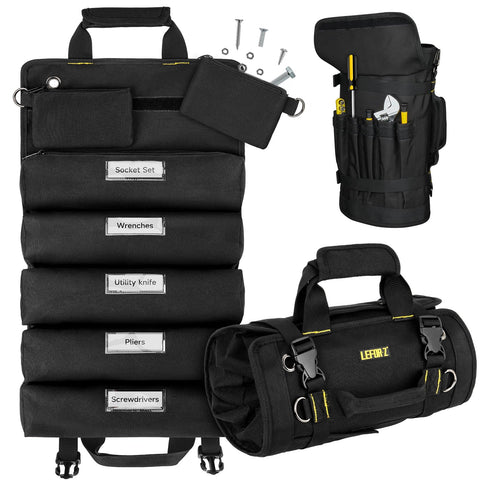 LEFOR·Z tool roll bag open with 13 pockets for quick access.