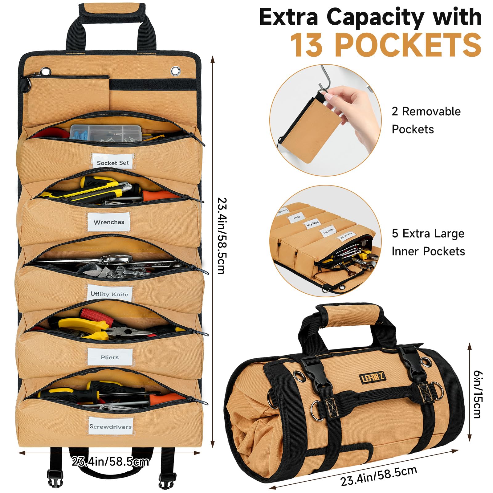 LEFOR·Z toolbag rolled-up compact storage ready for quick access between tasks.