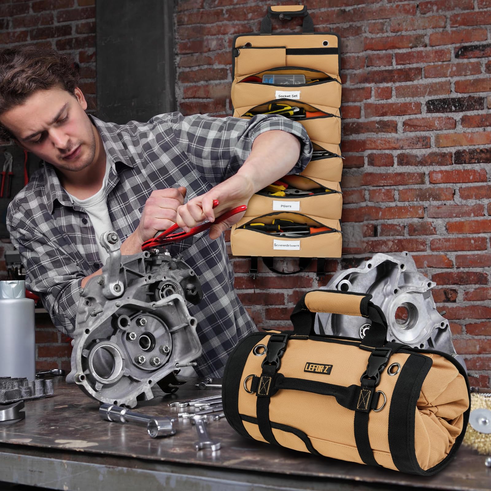 LEFOR·Z toolbag shown in vehicle setup for on-the-go organization.