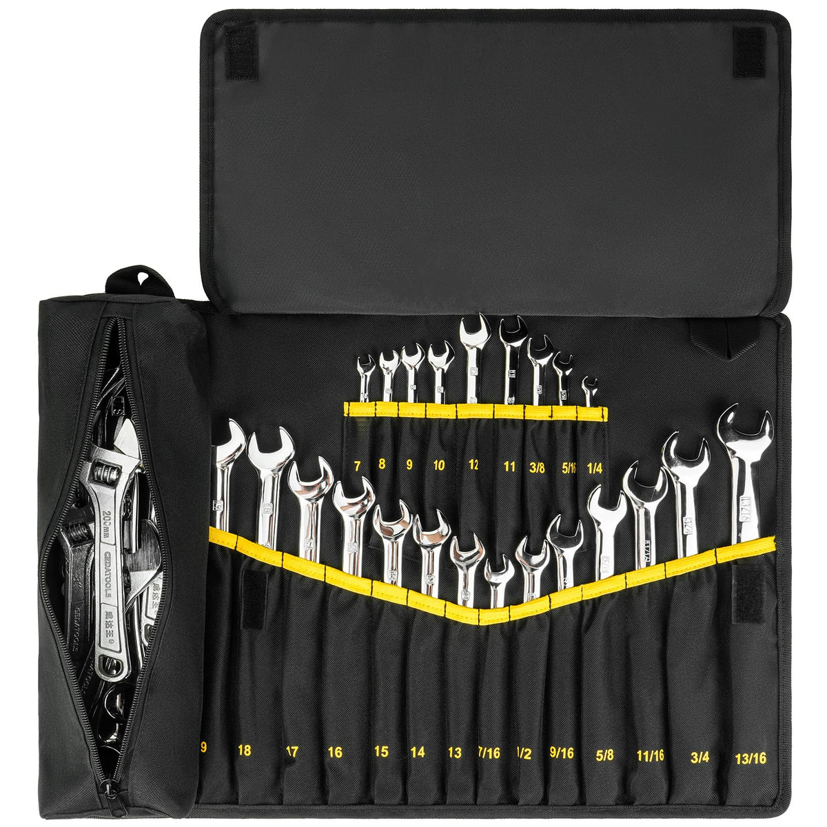 LEFOR·Z wrench roll with 23 pockets keeps metric and SAE wrenches organized on the go.