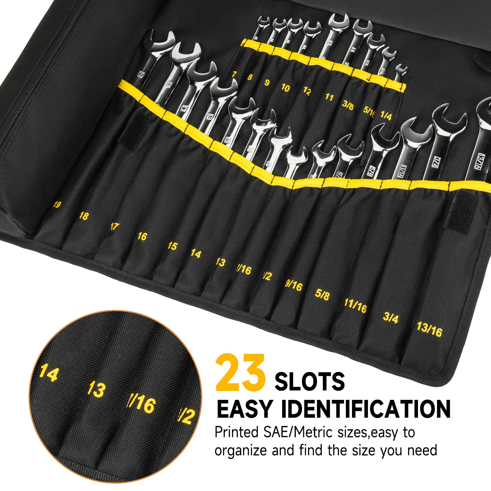 LEFOR·Z wrench roll uses elastic slots to secure various brands and sizes during transport.