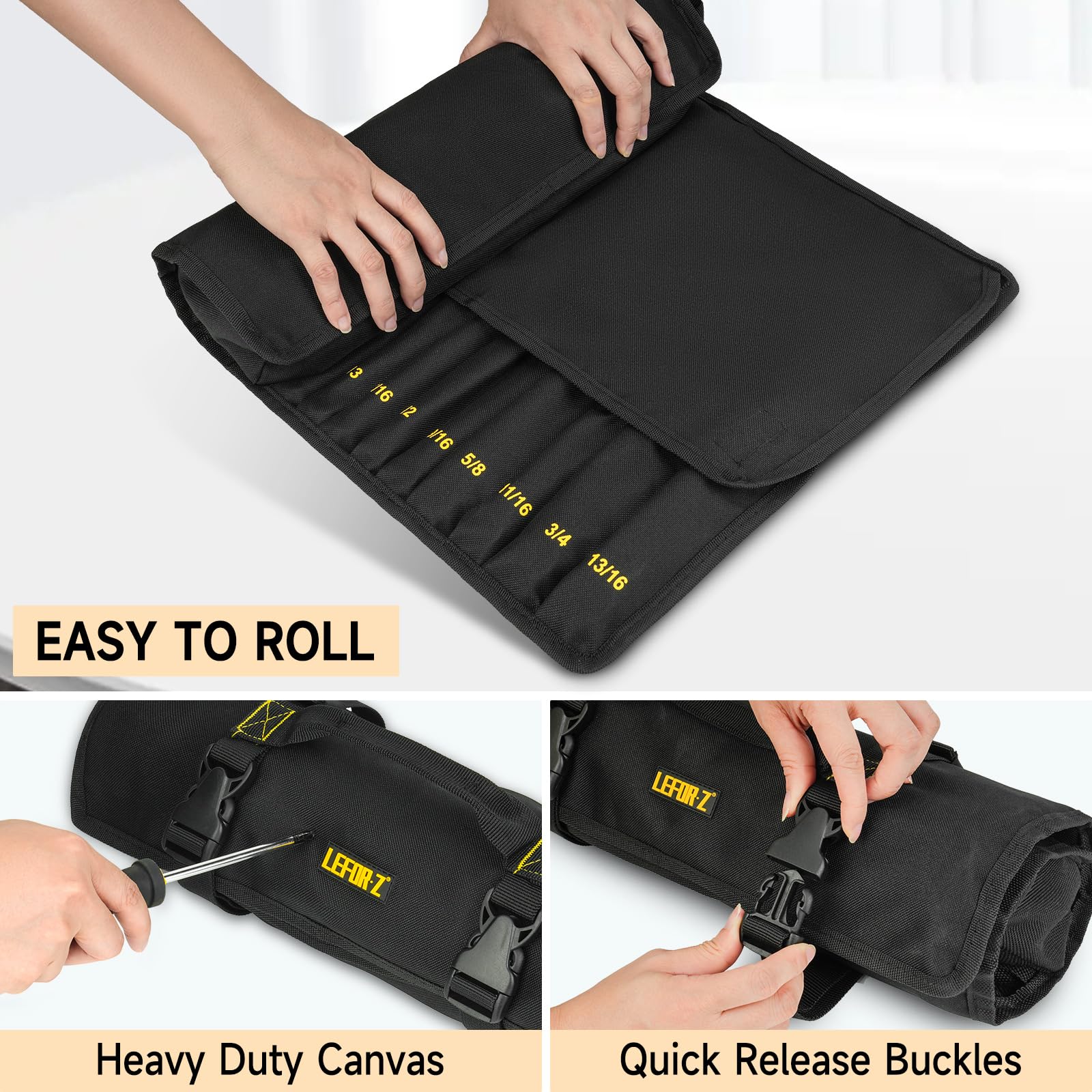 LEFOR·Z wrench roll includes hanging loops and a roll-up design for easy access at job sites.