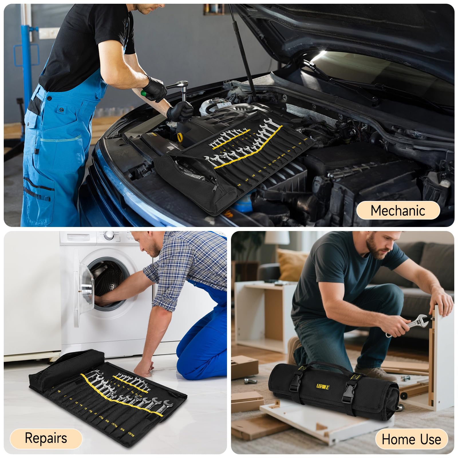 LEFOR·Z wrench roll provides a large zipper pocket for extra tools and adapters.