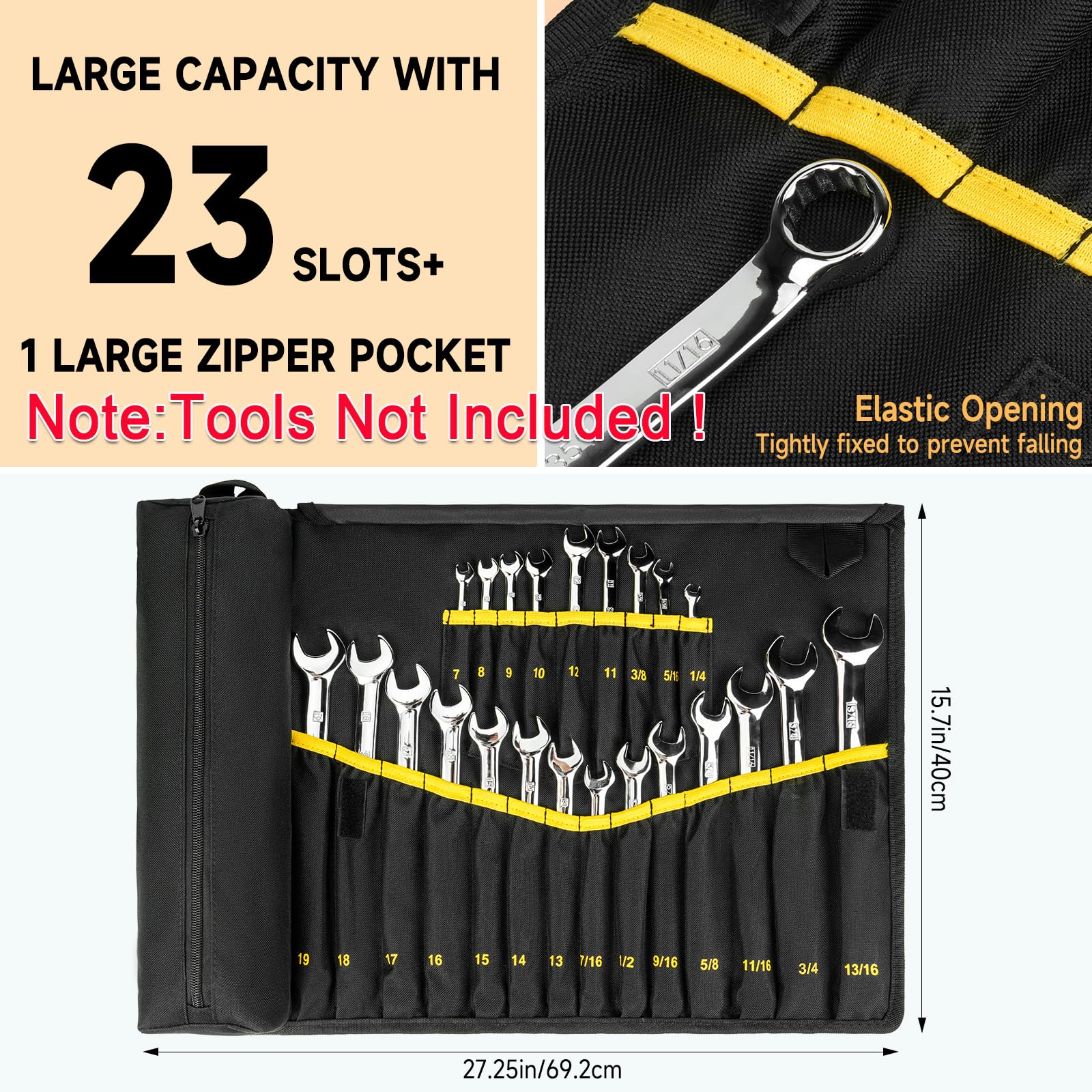 LEFOR·Z wrench roll shows clear metric and SAE labels for quick size identification.