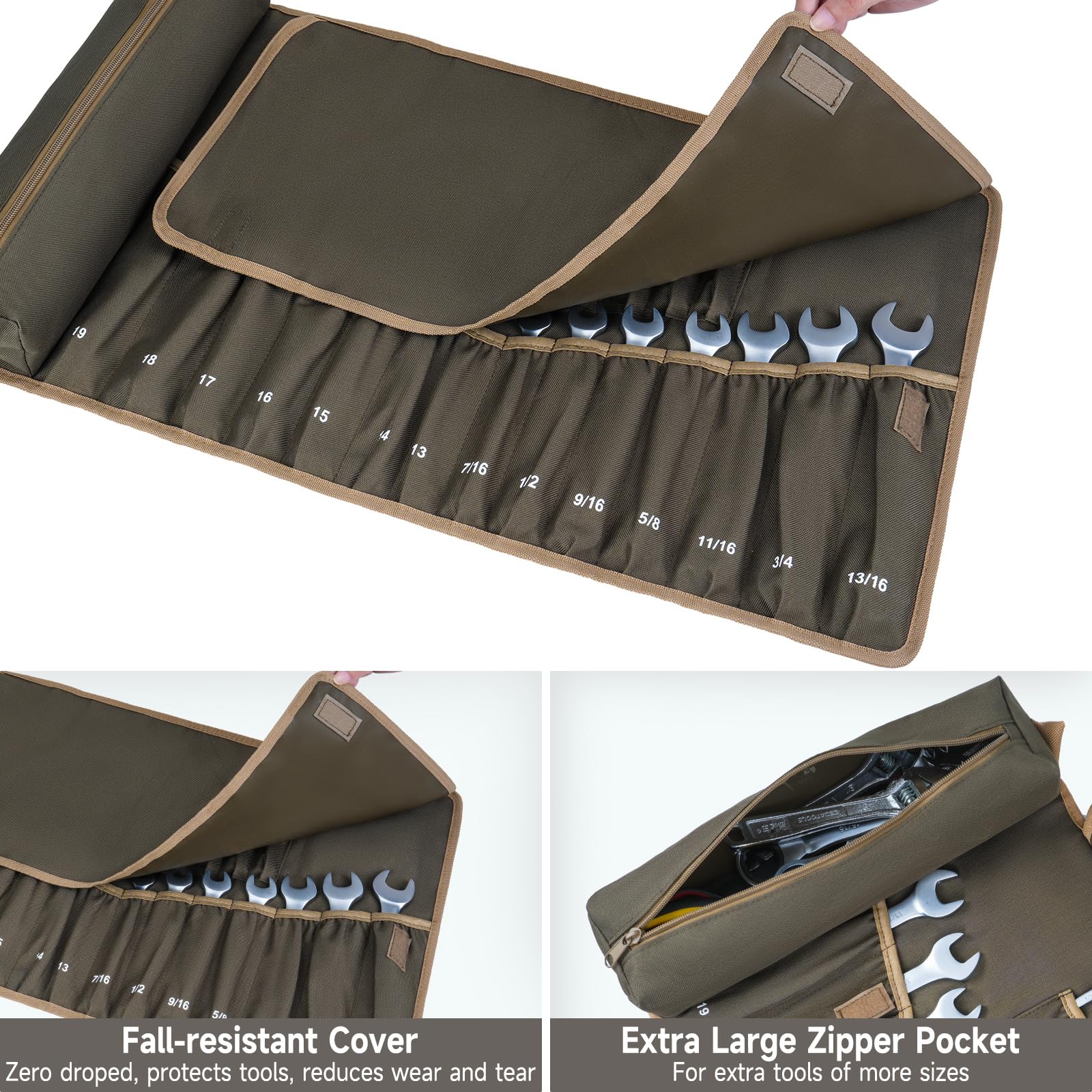 LEFOR·Z anti-drop design keeps wrenches secure during transport in olive green roll.
