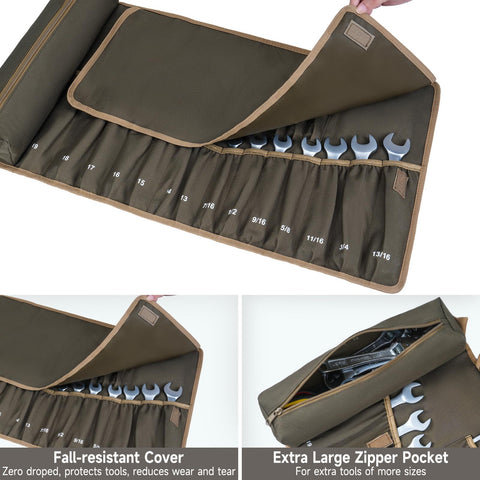 LEFOR·Z anti-drop design keeps wrenches secure during transport in olive green roll.
