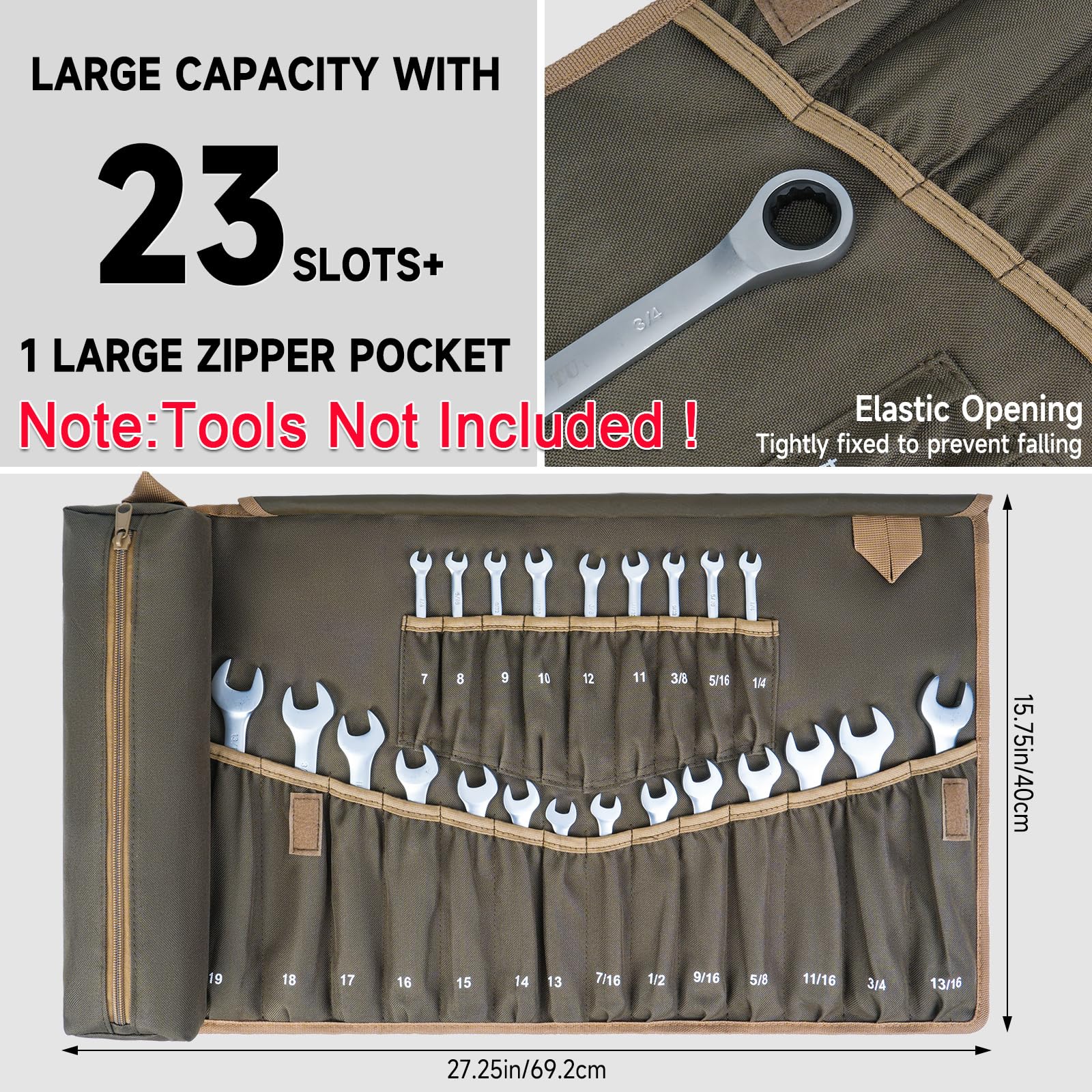 LEFOR·Z olive green wrench roll layout highlights pocket arrangement for metric and SAE sizes.
