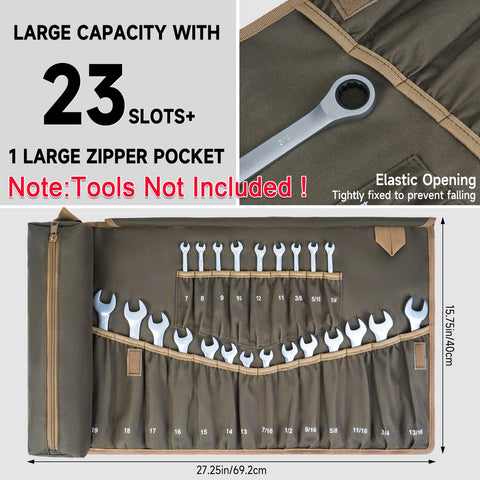 LEFOR·Z olive green wrench roll layout highlights pocket arrangement for metric and SAE sizes.