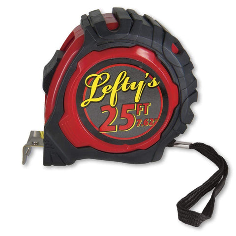 Lefty's left-handed tape measure with rubber guard for rugged left-side use.