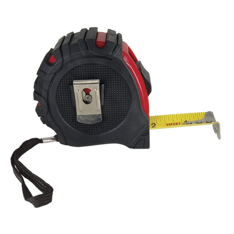 Lefty's left-handed tape measure reads right-to-left with metric and imperial units.