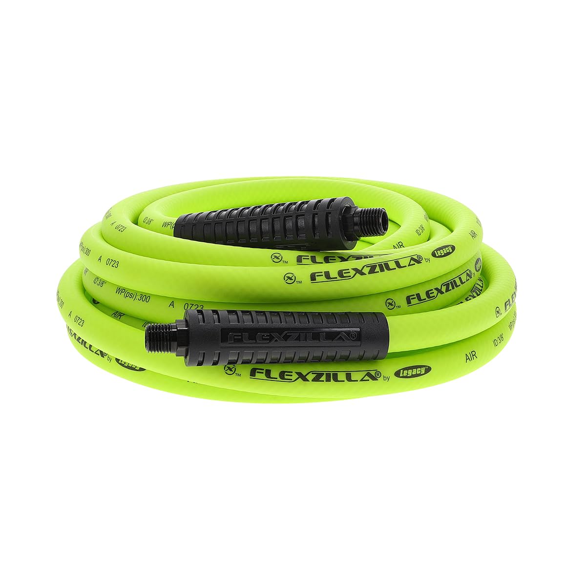 Legacy Flexzilla air hose coiled neatly in ZillaGreen for quick setup