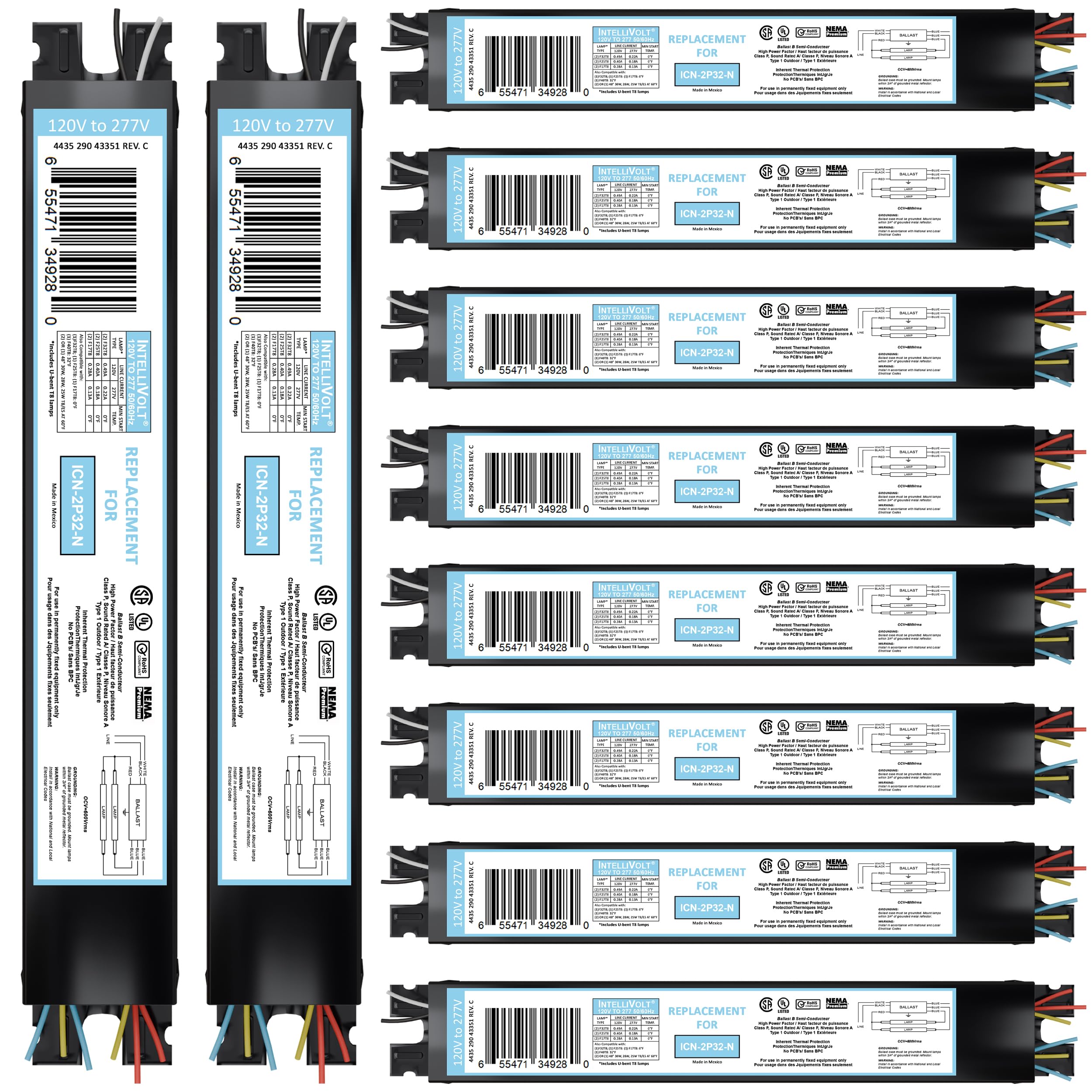 Legolight ICN4P32 replacement ballast for 1–4 T8 lamps with flicker-free operation.