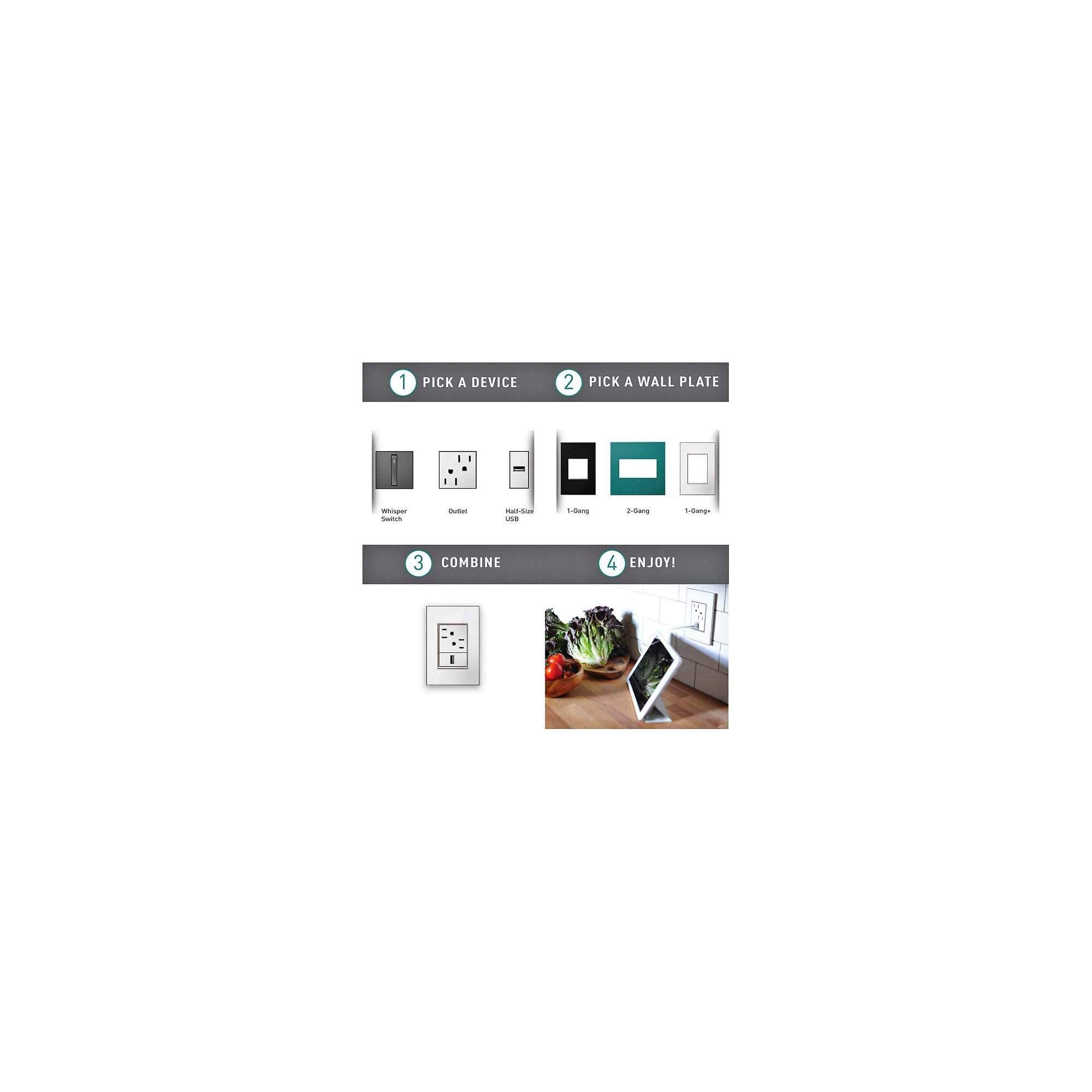 Durable Adorne 2-Gang cover keeps walls tidy and organized.
