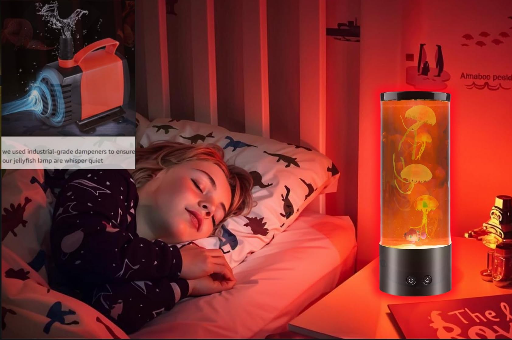 LEHAHA Jellyfish Lamp contents include tank, two fish, four jellyfish, remote.