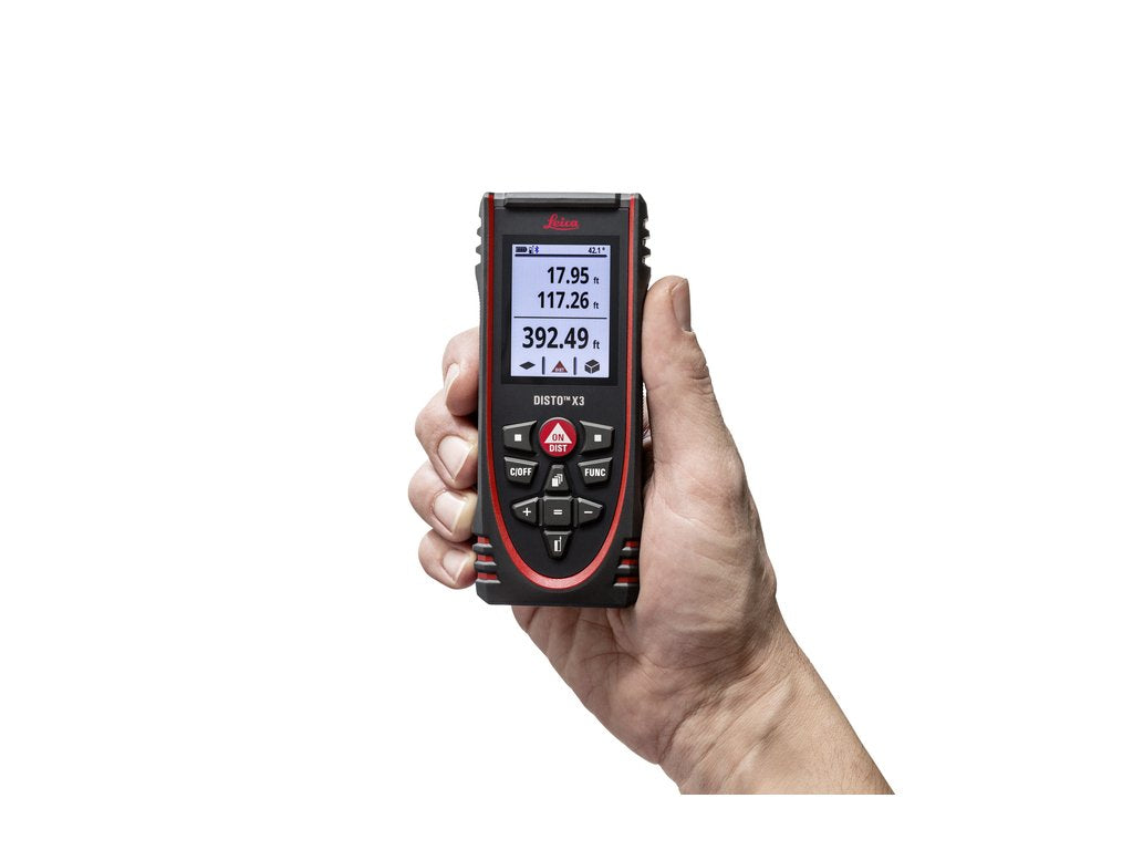 Leica DISTO X3 tilt sensor enables precise horizontal measurements.
