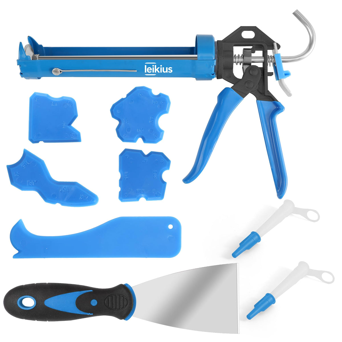 Leikius caulk gun with 14:1 thrust for precise, controlled sealant flow.