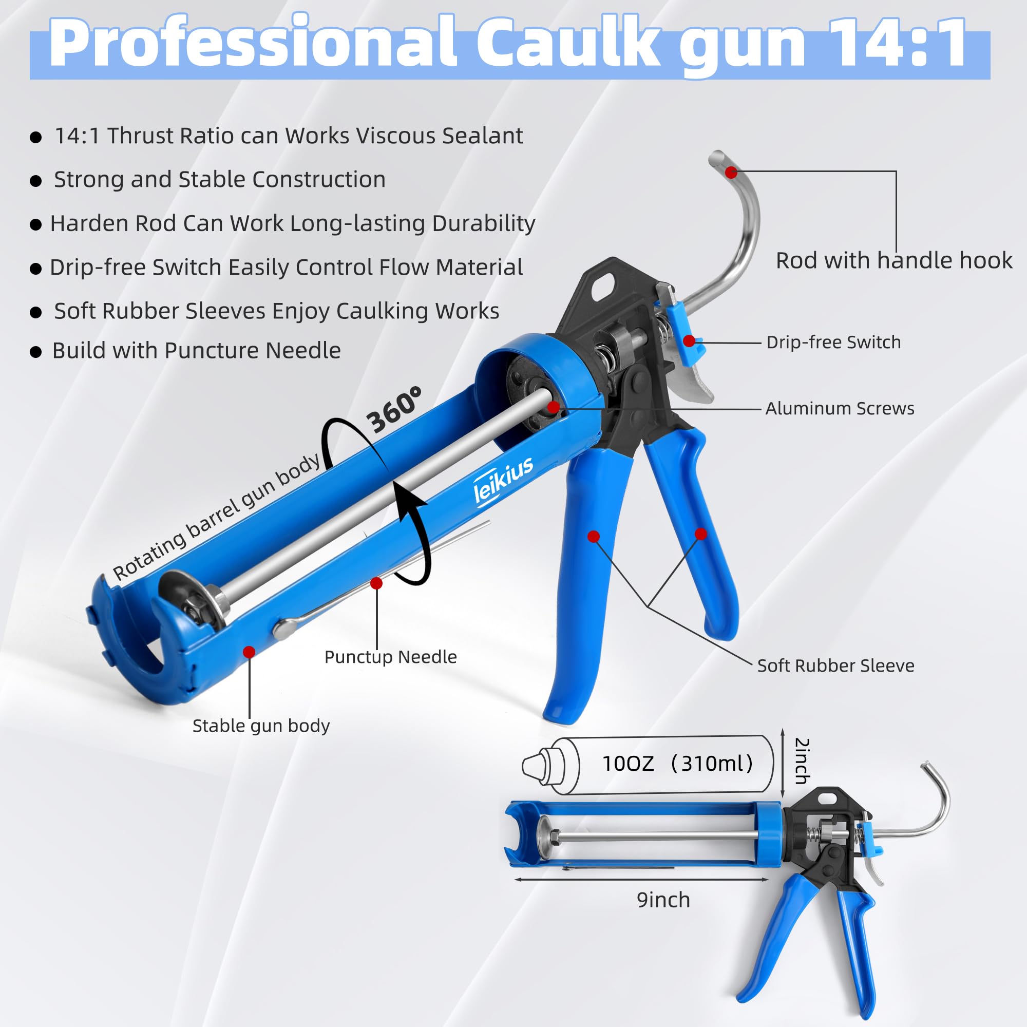 Leikius caulk gun shows heavy-duty aluminum handle for durability.