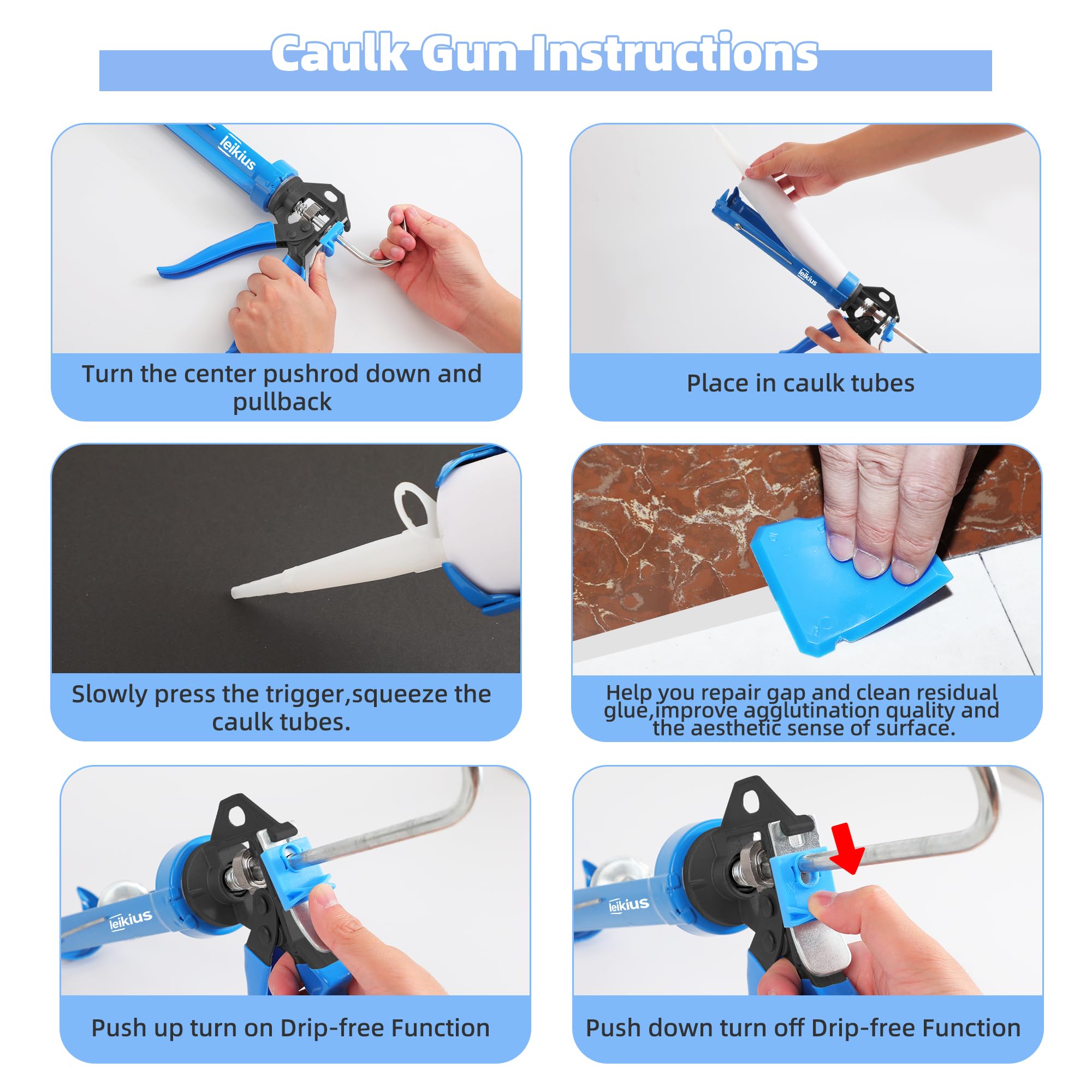 Putty knife included in Leikius caulk toolkit for finishing touches.