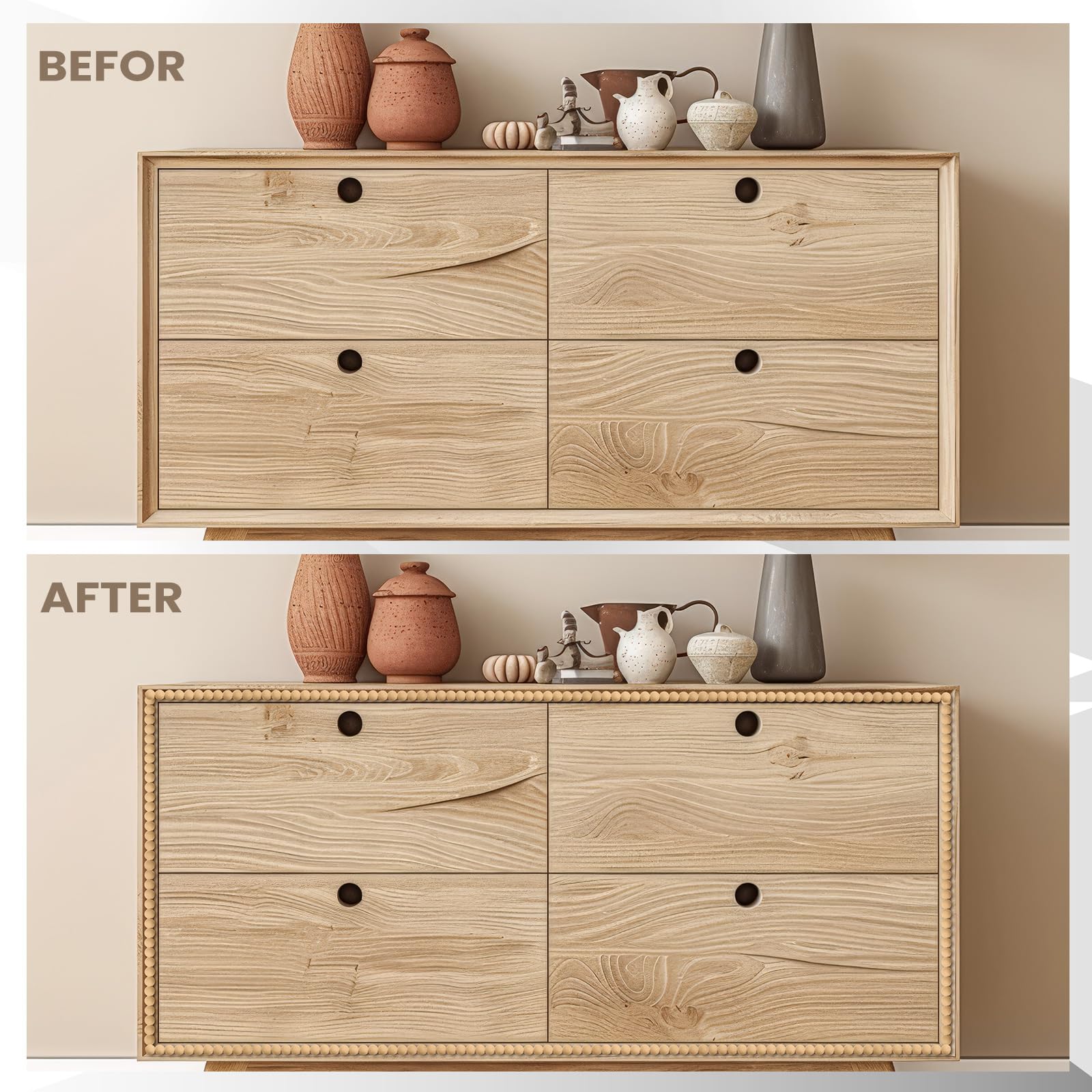 Leinuosen mirror-frame trim bead design elevates frames with subtle texture.