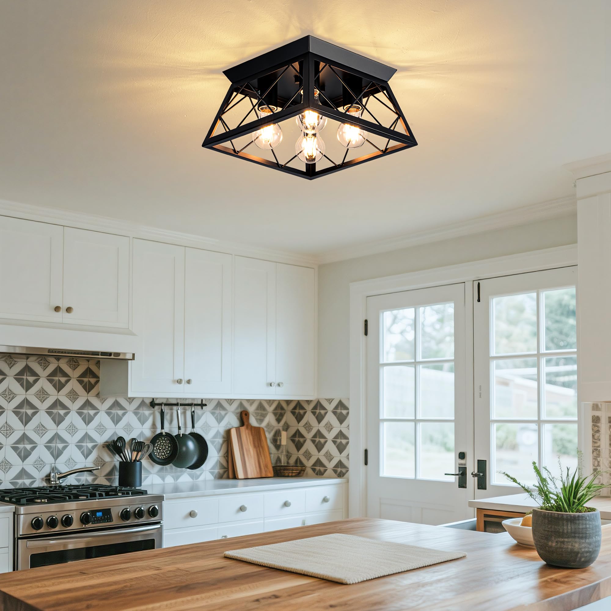 LEIP four-lights close-to-ceiling fixture brightens dining spaces with versatile, space-saving design.