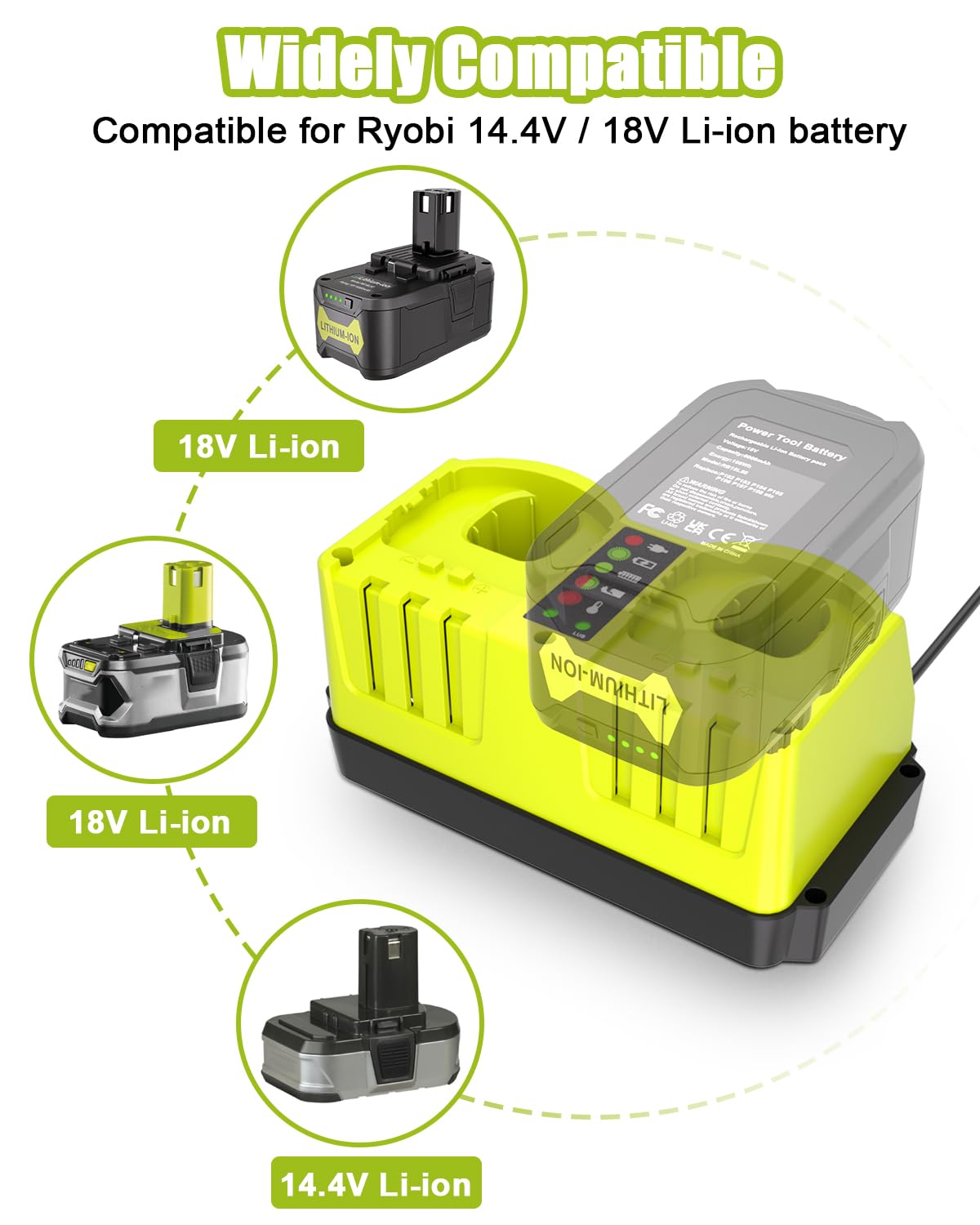 Leisuda 18V-14.4V lithium battery charger supports multiple models for versatile charging.
